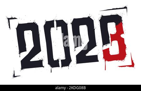 Cartello di inclinazione con i numeri '2023' e i tre di colore rosso che sostituiscono il 2. Design in stile stencil su sfondo bianco. Illustrazione Vettoriale