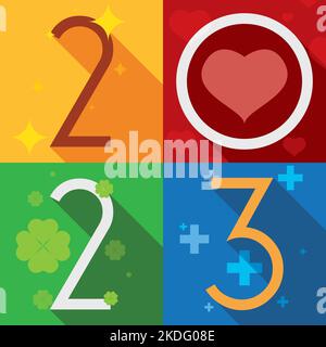 Design colorato con saluto per Capodanno 2023 con numeri in stile piatto e lunga ombra che vi augura prosperità, amore, fortuna e salute. Illustrazione Vettoriale