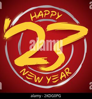 Segno rotondo d'argento e d'oro in pennellate augurando un felice anno nuovo 2023. Illustrazione Vettoriale