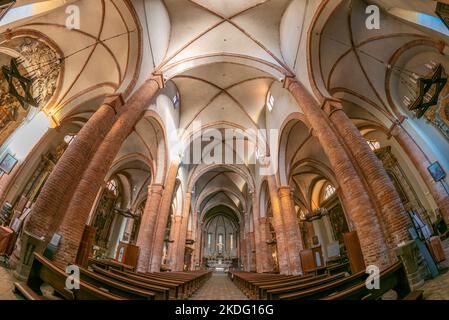 Carmagnola, Torino, Italia - 05 novembre 2022: Veduta interna della Collegiata dei Santi Pietro e Paolo in stile neogotico Foto Stock