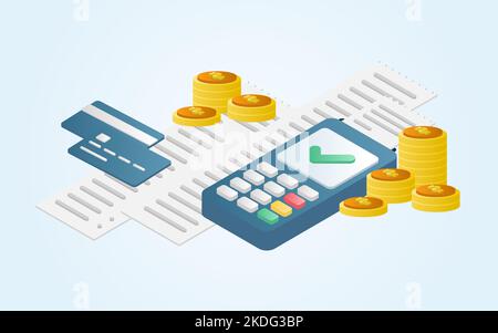 Concetto di gestione finanziaria e investimento, disegno piano di pagamento con denaro, contanti, banconote, calcolatrice e carta di credito. Illustrazione vettoriale e ba Foto Stock