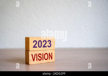 La mano mette i blocchi con le parole 2023 Vision. Concetto per le idee e gli obiettivi di affari. Sviluppo di strategia. Pianificazione e piano d'azione. Prestazioni, motiva Foto Stock