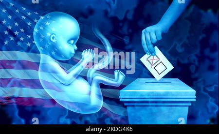 Negli Stati Uniti l'aborto emette il voto durante le elezioni americane con il dibattito pro-vita e pro-scelta nelle elezioni americane come feto con la bandiera degli Stati Uniti Foto Stock