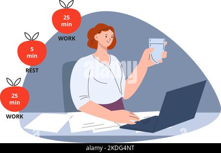 Utilizzo della tempistica di lavoro. Pomodoro tecnica per il successo del lavoro e per tutte le attività. Donna o freelance che lavora con il vettore di gestione del tempo Illustrazione Vettoriale