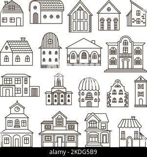 Doodle linea diverse case. Casa disegnata a mano, graziosi e semplici edifici architettonici scandinavi. Piccolo villaggio casa, neoterico rustico architettura set Illustrazione Vettoriale