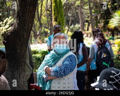 Cochabamba, Bolivia - Settembre 21 2022: Donna Boliviana anziana che indossa una maschera in un giardino in un giorno di sole Foto Stock