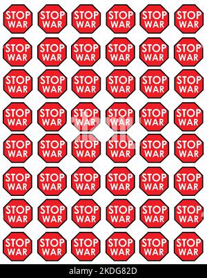 Stop alla guerra. Illustrazione del segnale rosso di stop con la parola guerra. Niente più simboli di guerra. Icona Stop War. Foto Stock