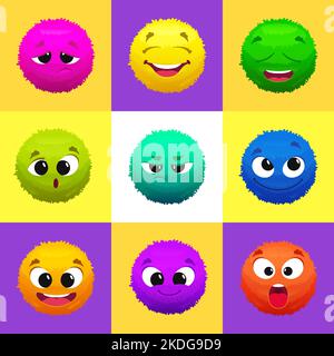 Divertenti emoticon. Divertenti volti di cartoni animati su emoticon colorate. Modello di cartoon vettoriale Illustrazione Vettoriale