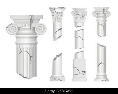 Pilastri rotti. Colonne autentiche classico danneggiato realistico decorazione colonne decent vettore template set Illustrazione Vettoriale