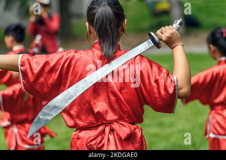 Arti marziali cinesi(wushu) dimostrazione a Calgary il quartiere Chinatown durante il Canada alle celebrazioni del Giorno Foto Stock