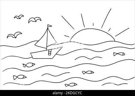Pagina da colorare per bambini. Mare con sole, nuvole, mare, uccelli e nave. Disegno vettoriale a mano in stile doodle. Libro di attività per bambini Illustrazione Vettoriale