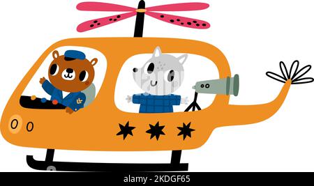 Lupo e orso in elicottero. Simpatico pilota di animali da cartoon Illustrazione Vettoriale