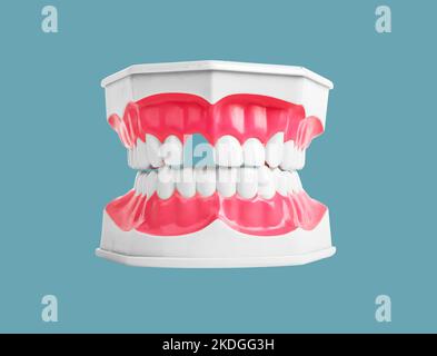 Concetto di perdita dei denti. Denti mancanti nel modello di ganascia sullo sfondo. Problemi di odontoiatria. Distanza, assenza. Foto di alta qualità Foto Stock