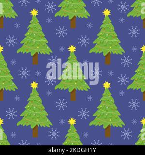 Modello con albero di Natale e fiocchi di neve. Preparandosi per il nuovo anno e Natale. Illustrazione vettoriale su sfondo blu. Illustrazione Vettoriale