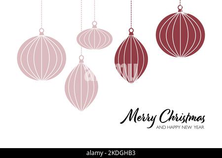 Buon biglietto di auguri di Natale o sfondo con ornamenti appesi. Illustrazione Vettoriale