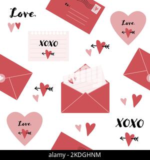 Motivo senza cuciture con note d'amore e buste. Illustrazione Vettoriale