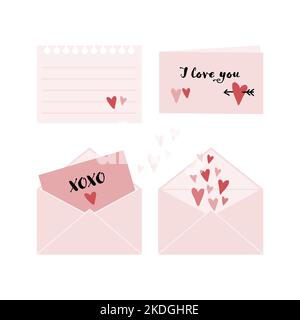 Set di note d'amore e buste. Note romantiche di San Valentino. Illustrazione Vettoriale