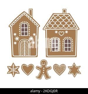 Collezione di biscotti natalizi. Case di pan di zenzero e altri personaggi. Illustrazione Vettoriale
