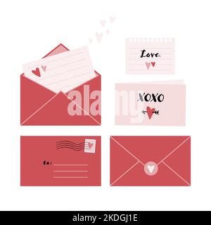 Set di buste romantiche e note per il giorno di Valetine. Illustrazione Vettoriale