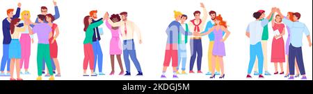 Squadra che dà cinque. Amici positivi dipendenti festeggiamento successo, saluto informale persone unità gruppo di studenti insieme successo superare esame universitario, swanky vettore illustrazione Illustrazione Vettoriale