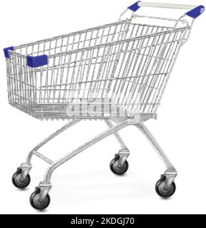 Carrello del supermercato in metallo. carrello a spinta isolato 3d carrello argento, carrello vuoto lato prospettiva, carrello in acciaio carrello ruota per il mercato della spesa, realistico ordinato vettore illustrazione del carrello negozio Illustrazione Vettoriale