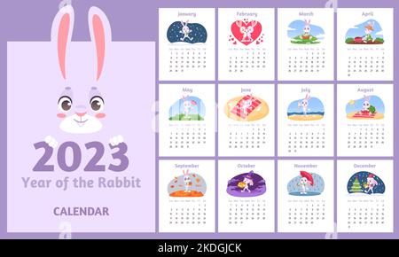 Calendario coniglietto. Avvento 2023 anno, cartone animato coniglio mensile bambino pianificatore doccia bambino, divertente animale bambini poster con mesi scrivere note cinese nuovi anni, vettore illustrazione del calendario 2023 coniglietto Illustrazione Vettoriale