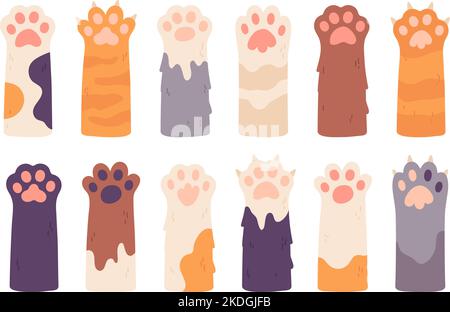 Gatti palme. Zampe di gatto con artigli, animali da cartoni animati zampe-up carino cuccioli di pelliccia mani, disegno gattino cacciatore di gattini zampa disegno gamba o divertente animale hands-up concetto, arish vettore illustrazione di animale zampa di palma Illustrazione Vettoriale