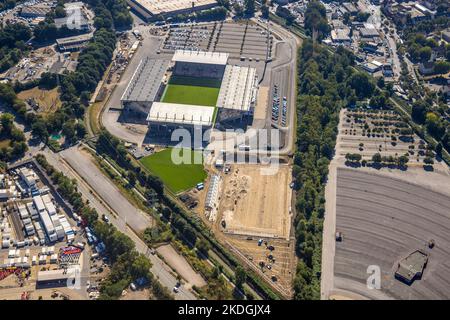 Veduta aerea, stadio a Hafenstraße, stadio di calcio Rot-Weiss Essen, cantiere con ricostruzione del campo di allenamento, Bergeborbeck, Essen, Ruhr Foto Stock