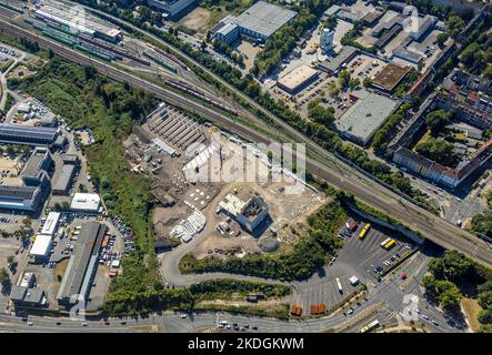 Veduta aerea, cantiere per il Centro di formazione regionale RTZ della polizia, Frohnhauser Straße, linea ferroviaria con officina DB Regio in NRW, Westvi Foto Stock