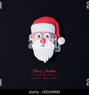 Babbo Natale 3D personaggio con naso rosso. Biglietto d'auguri di Natale su sfondo nero 3D rendering 3D illustrazione Foto Stock