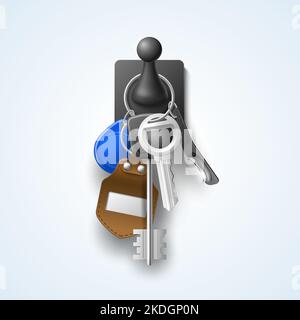 Gruppo di chiavi realistiche. Chiavi moderne in metallo con sospensione appesa al gancio, tag e pendenti moderni, sfondo parete 3D in acciaio e oggetti magnetici con Illustrazione Vettoriale