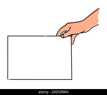 Mano che tiene A4 fogli di carta disegnati a mano con linea sottile. Presentazione del documento, visualizzazione del memo, modello per l'immagine. Illustrazione vettoriale isolata su ba bianca Illustrazione Vettoriale
