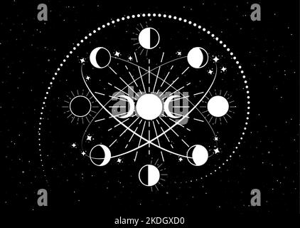 Fasi lunari in circoli orbitali, tripla dea, mezzora lunare, mandala spirituale, geometria Sacra. Simbolo della ruota Wiccan, logo rotondo bianco vettoriale Illustrazione Vettoriale