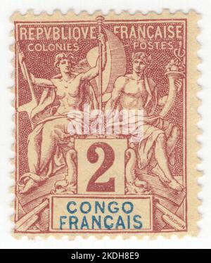 CONGO FRANCESE - 1892: Un francobollo marrone da 2 centesimi su buff raffigurante una coppia di Dio e dea antiche come allegoria 'navigazione e commercio'. È stato progettato da Louis-Eugene Mouchon. La Francia ha iniziato a emettere francobolli stampati con il nome del territorio nel 1892 come parte dell'emissione navigazione e commercio. Una serie di francobolli comuni è stata emessa a partire dal 1884, con un ultimo nel 1906. Successivamente ogni colonia utilizzava solo i propri francobolli. L'edizione di navigazione e commercio è una serie di francobolli di tipo chiave emessi per i territori coloniali della Francia Foto Stock