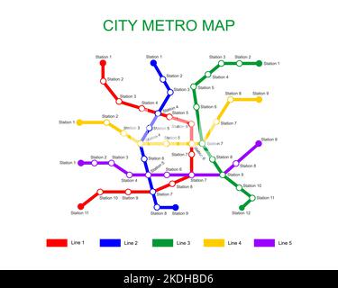 Modello mappa della metropolitana della città. Piano della metropolitana con 5 linee colorate con stazioni. Diagramma infografico della rete pubblica di trasporto rapido isolata su sfondo bianco. Illustrazione vettoriale Illustrazione Vettoriale