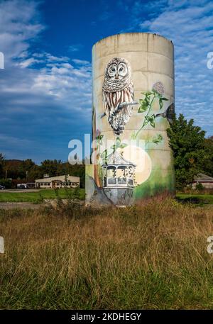 Jefferson, VT - 1 ottobre 2022: Murale di Sarah Rutherford sul silo di cemento che rappresenta le stagioni Foto Stock