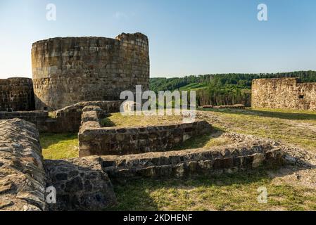 Rovine del castello Falkenburg, un castello collinare del 12th ° secolo, nei pressi di Detmold, Foresta di Teutoburg, Germania Foto Stock