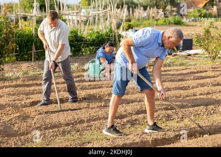 Uomo anziano che lavora terreno con zappa in famiglia casa orto giardino Foto Stock