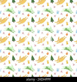 Modello festivo con conigli gialli e verdi, albero di Natale e regali. Vettore su sfondo bianco. Simbolo del nuovo anno. Illustrazione Vettoriale