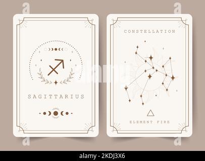 Sagittario. Carte stregoneria con segno zodiacale astrologico e costellazione. Perfetto per lettori di tarocchi e astrologi. Sfondo magico occulto Illustrazione Vettoriale