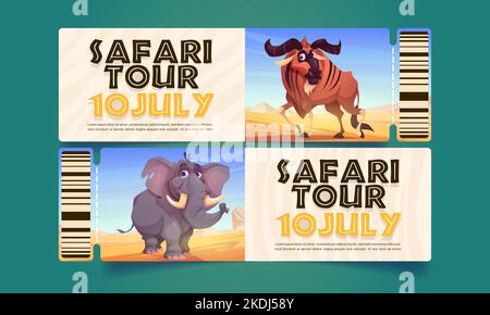 Biglietti per tour safari con animali selvatici africani, bufali ed elefanti. Pass coupon templates, invito nel parco nazionale all'aperto dello zoo, ammissione di una carta con codice a barre, cartoon vettoriale illustrazione Illustrazione Vettoriale