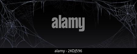 Ragnatela isolata su sfondo nero. Rappresentazione vettoriale realistica di ciottoli appesi in angoli di casa infestata. Decorazione spaventosa per la festa di notte a tema di Halloween. Elemento di design Spooky Place Illustrazione Vettoriale