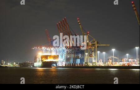 Amburgo, Germania. 07th Nov 2022. Le navi portacontainer sono gestite presso il terminal dei container Tollerort nel porto di Amburgo. Credit: Marcus Brandt/dpa/Alamy Live News Foto Stock