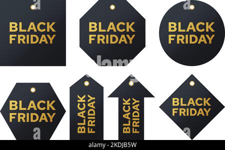 Etichette di vendita del black friday. Codici sconto lettere dorate su fondo scuro collezione. Modello realistico di adesivi Vector Set con grandi offerte. Illustrazione Vettoriale