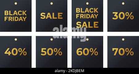 Etichette di vendita del black friday. Codici sconto lettere dorate su fondo scuro collezione. Modello realistico di adesivi Vector Set con grandi offerte. Illustrazione Vettoriale