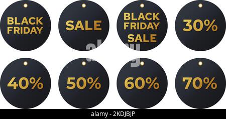 Etichette di vendita del black friday. Codici sconto lettere dorate su fondo scuro collezione. Modello realistico di adesivi Vector Set con grandi offerte. Illustrazione Vettoriale