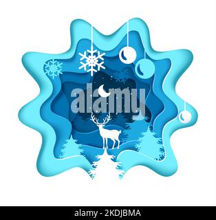 Inverno vettore renne in foresta 3D arte taglio carta Illustrazione Vettoriale