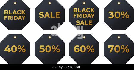 Etichette di vendita del black friday. Codici sconto lettere dorate su fondo scuro collezione. Modello realistico di adesivi Vector Set con grandi offerte. Illustrazione Vettoriale