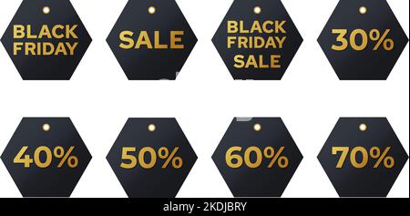 Etichette di vendita del black friday. Codici sconto lettere dorate su fondo scuro collezione. Modello realistico di adesivi Vector Set con grandi offerte. Illustrazione Vettoriale