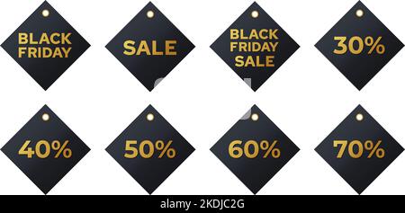 Etichette di vendita del black friday. Codici sconto lettere dorate su fondo scuro collezione. Modello realistico di adesivi Vector Set con grandi offerte. Illustrazione Vettoriale